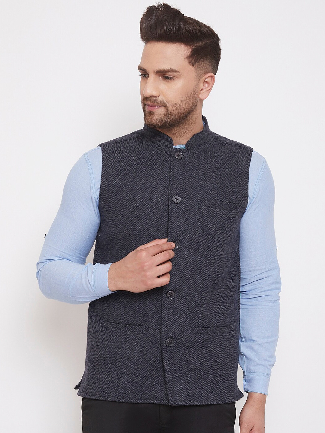 

even Men Charcoal Grey Solid Pure Wool Woven Nehru Jacket