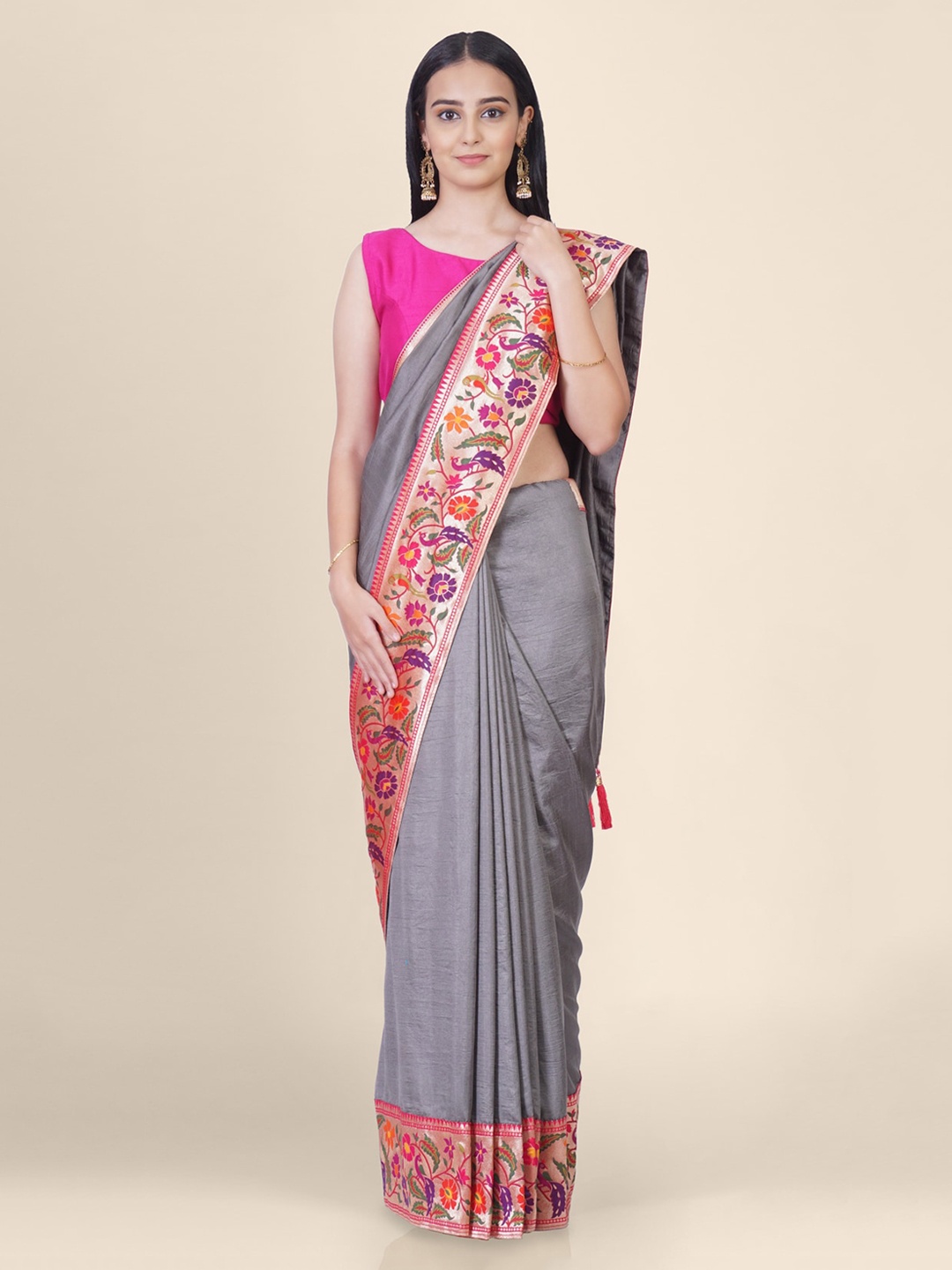 

Hastakala Grey Poly Silk Solid Tussar Saree