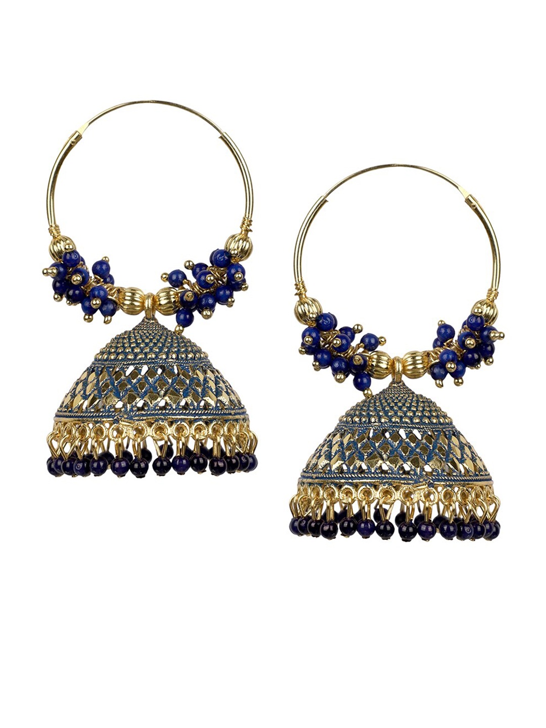 ANIKAS CREATION Blue & Gold-Plated Dome Shaped Jhumkas