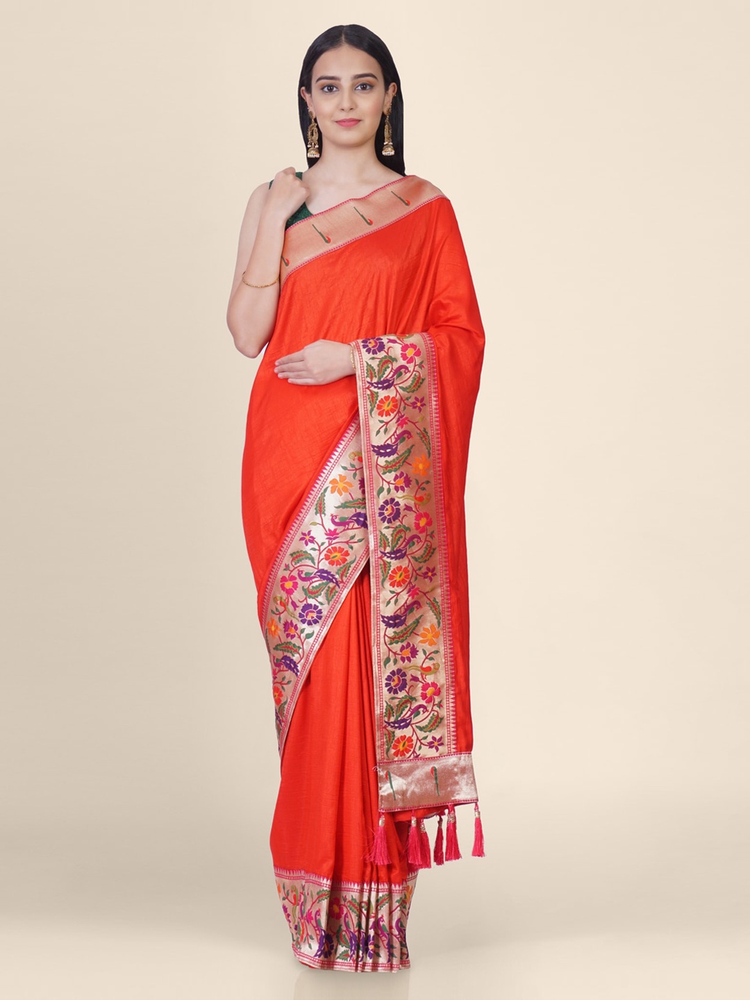

Hastakala Red Poly Silk Solid Tussar Saree