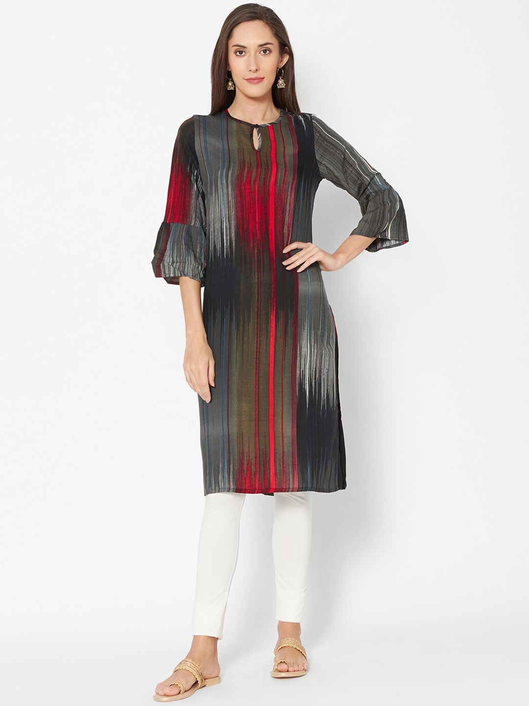 

Fusion Beats Women Grey & Red Printed Straight Kurta