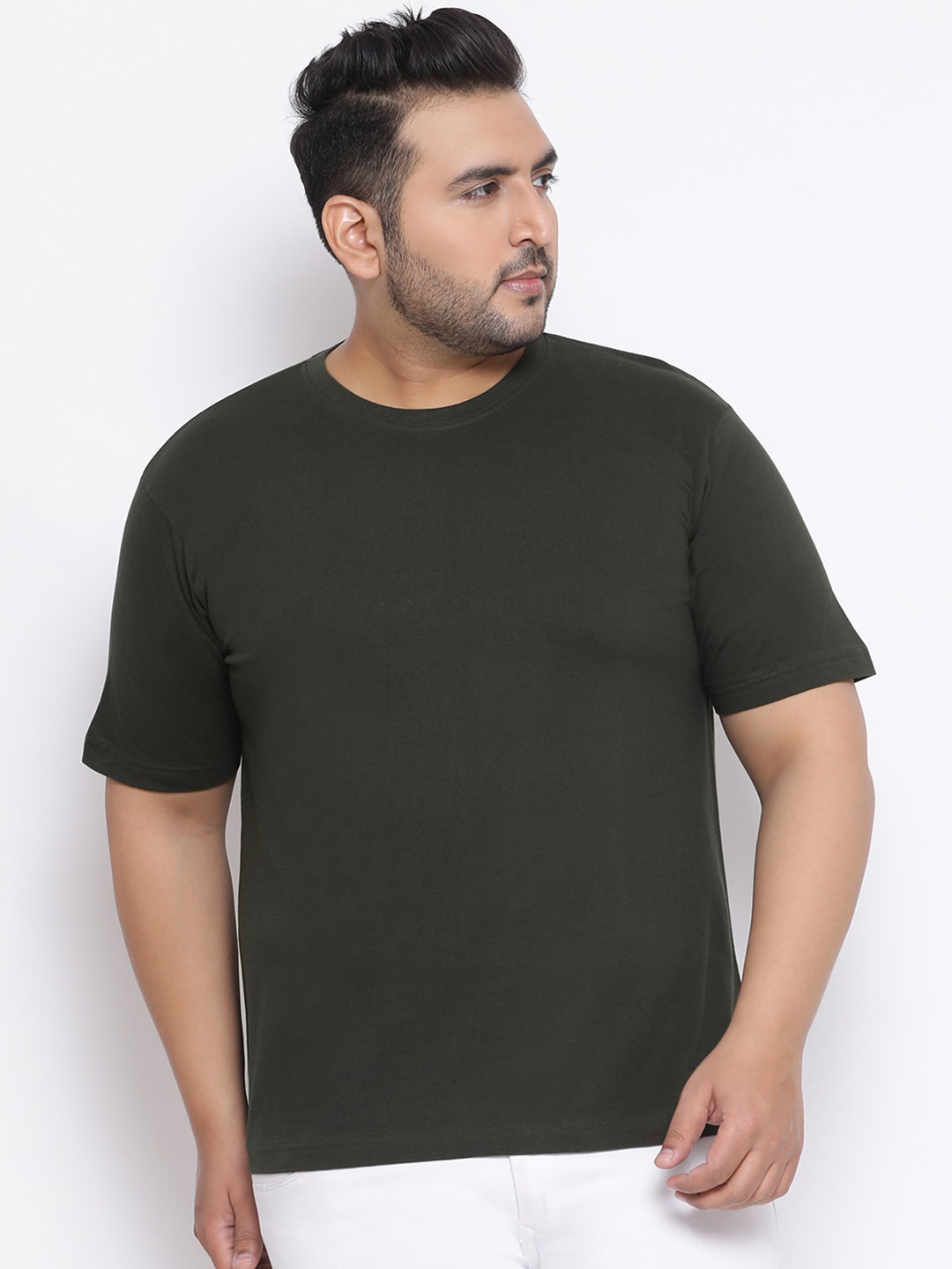 

YOLOCLAN Plus Size Men Green Solid Round Neck T-shirt