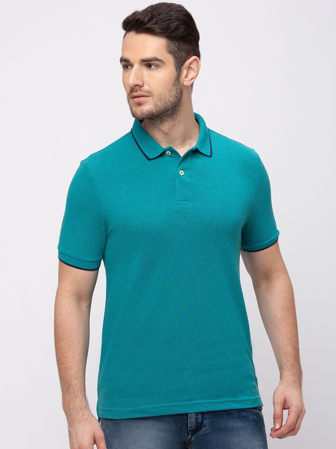 

GIORDANO Men Teal Green Solid Polo Collar T-shirt