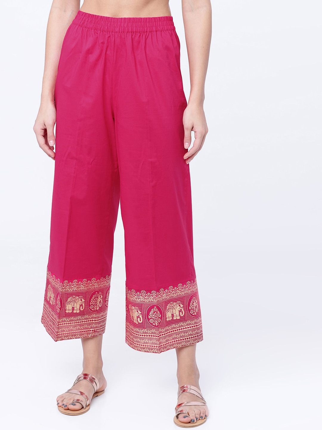 

Vishudh Women Pink & Gold Coloured Printed Straight Fit Palazzo