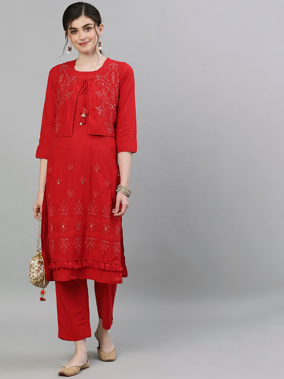 

Ishin Women Red Embroidered Kurti with Trousers