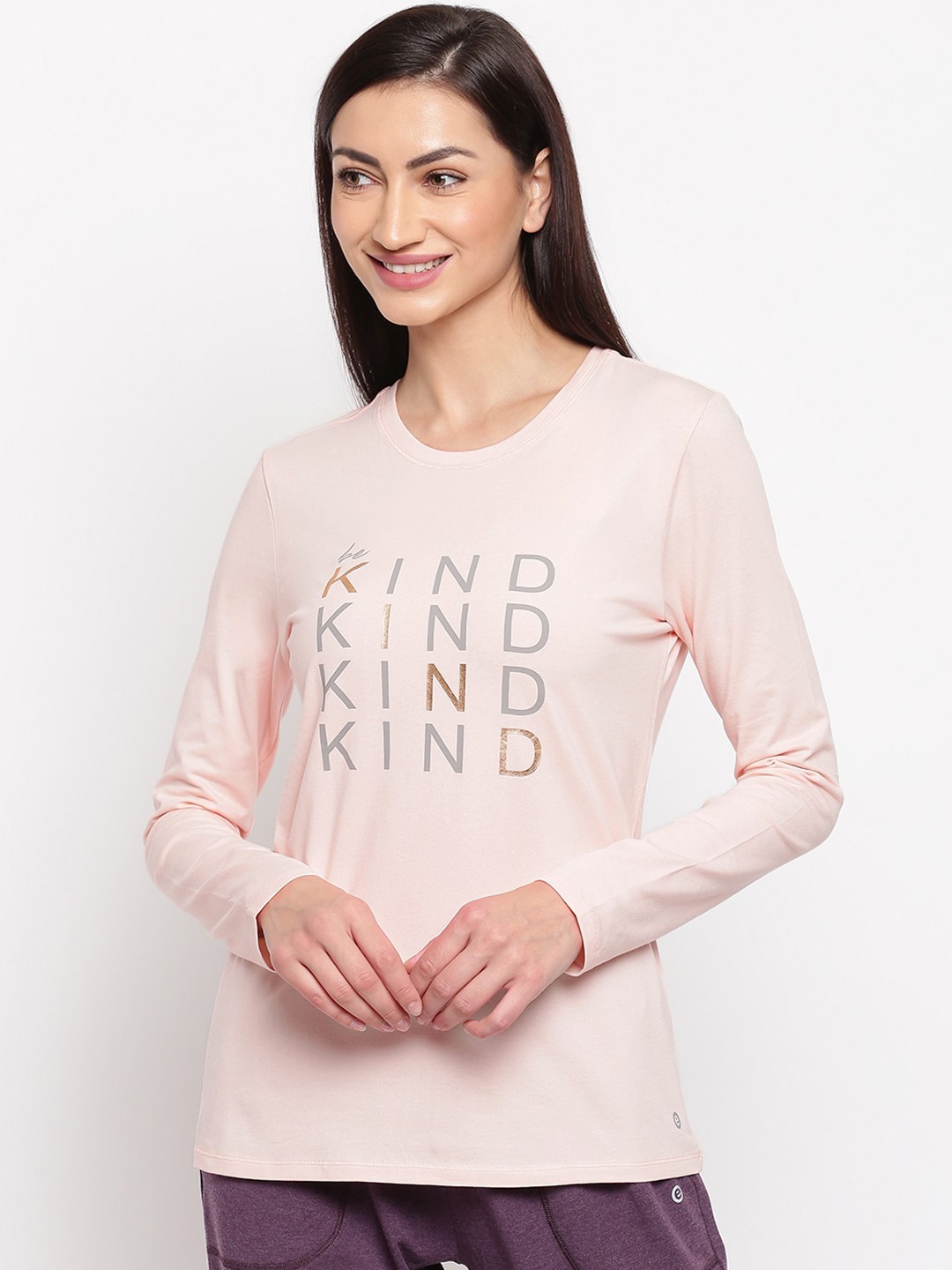 

Enamor E157 Basic Crew Neck Stretch Cotton Tee for Women with Graphic Print & Long Sleeves, Pink