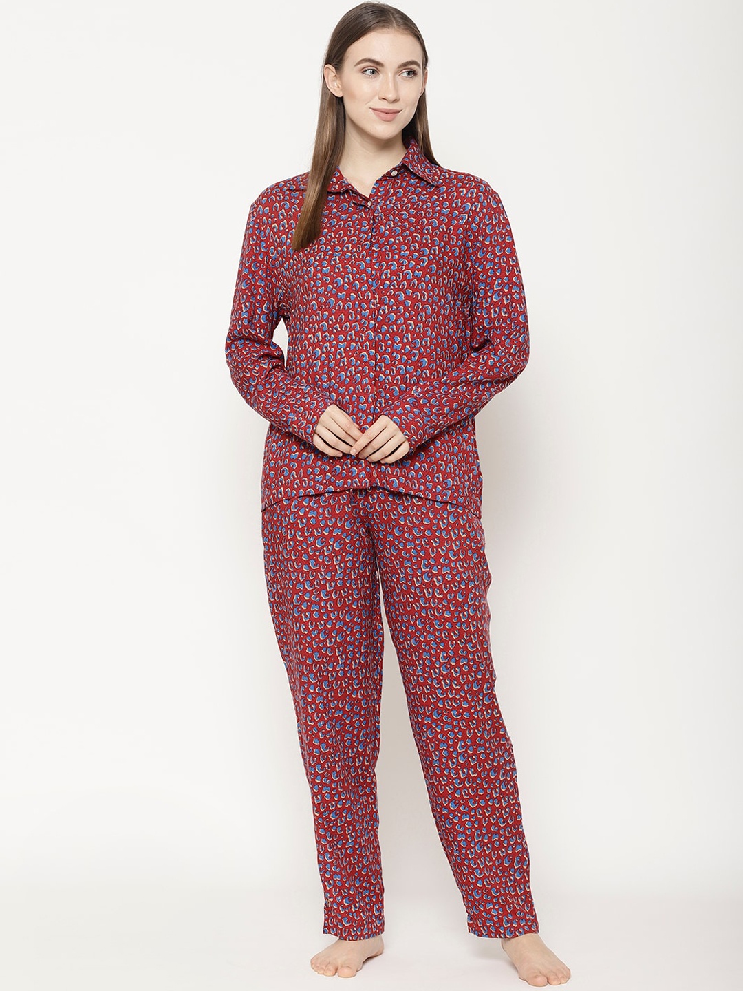 

COASTLAND Women Maroon & Blue Printed Night Suit