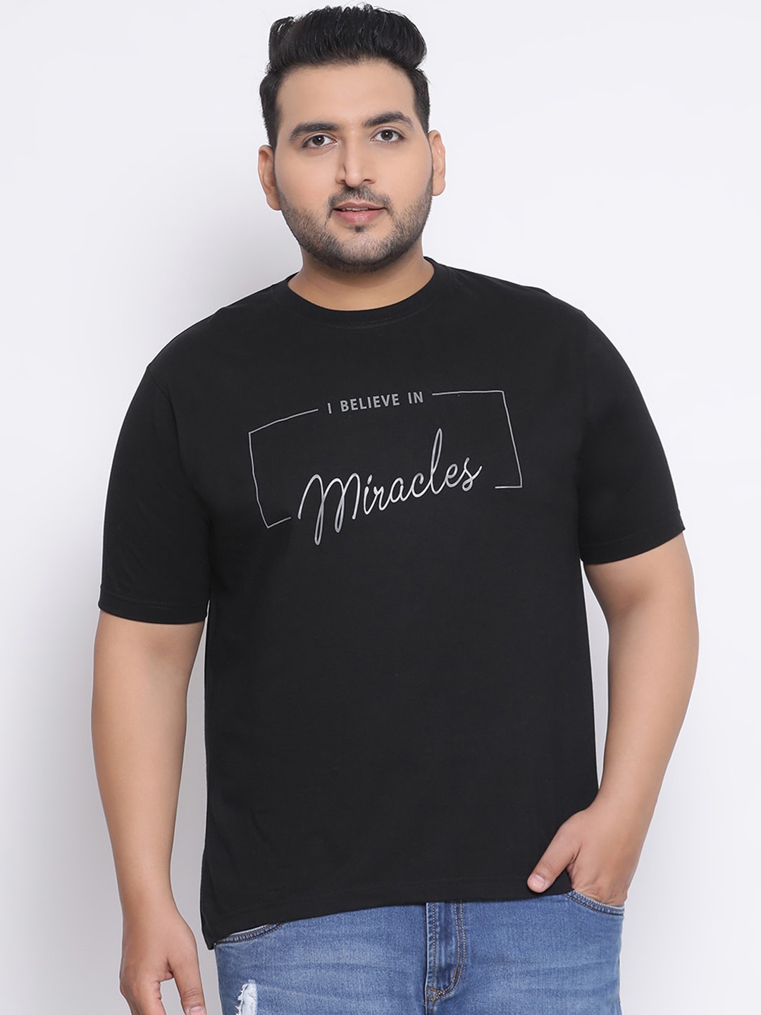 

YOLOCLAN Plus Size Men Black Printed Round Neck T-shirt