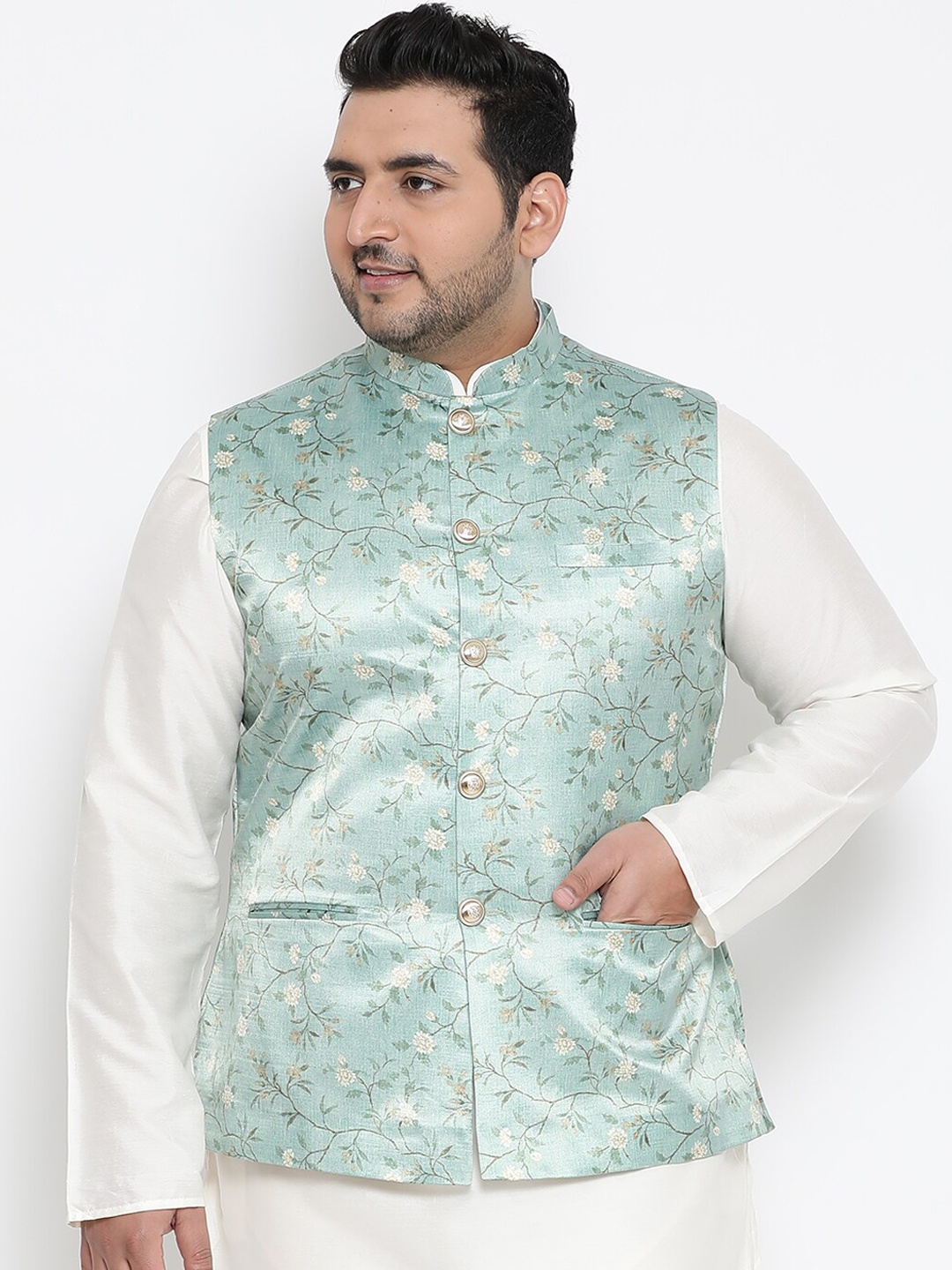 

KISAH PLUS Men Green & White Printed Woven Nehru Jacket