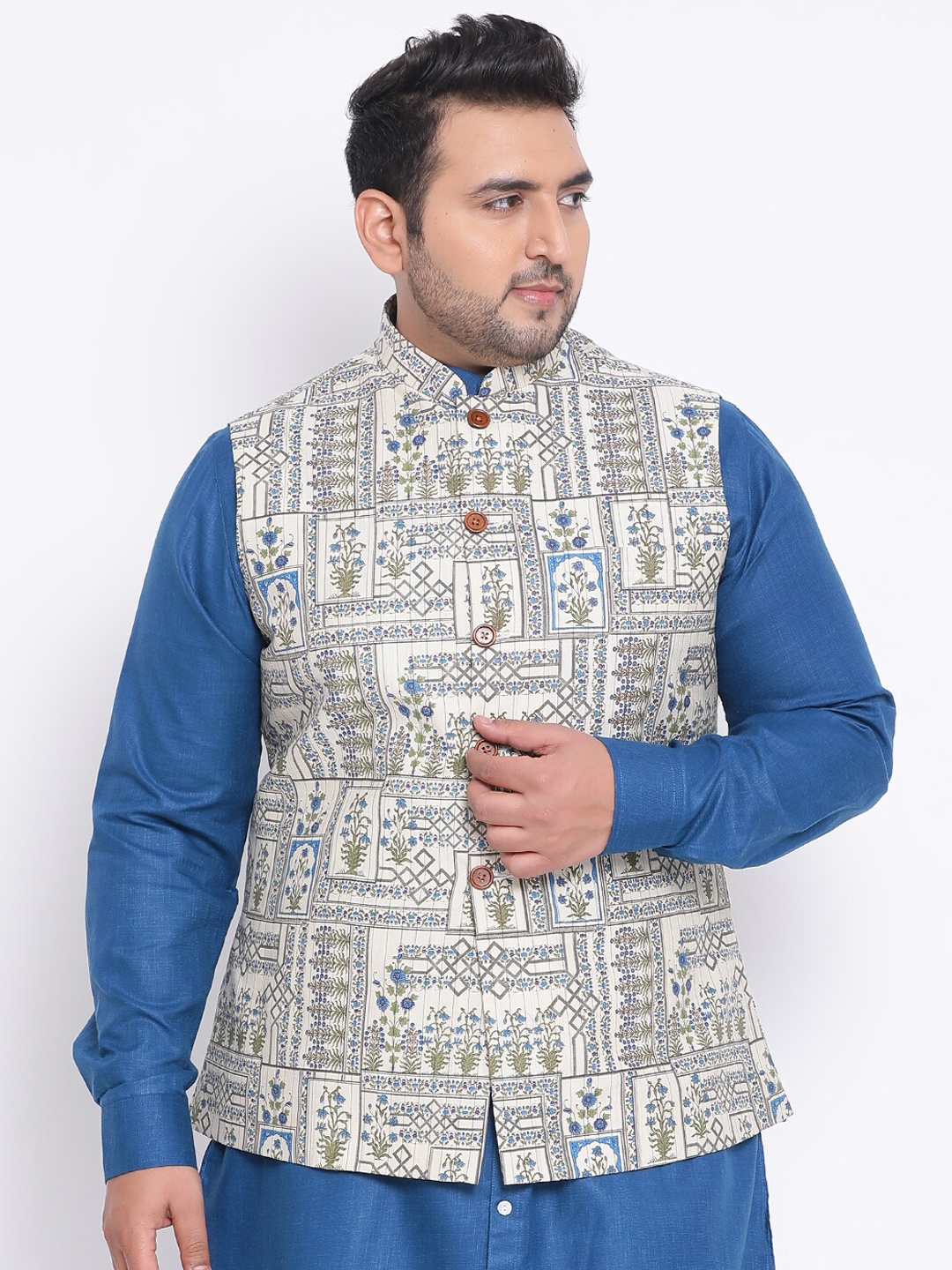 

KISAH PLUS Men Off-White & Blue Printed Woven Nehru Jacket