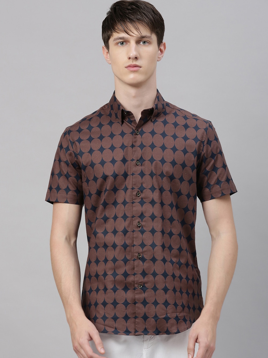 

RARE RABBIT Men Brown & Navy Blue Tailored Fit Printed Casual Shirt