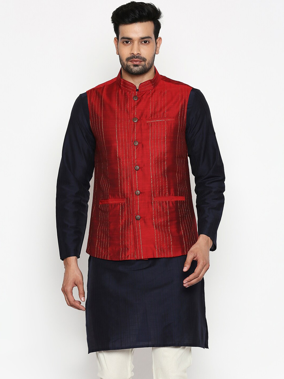 

indus route by Pantaloons Men Maroon Striped Woven Nehru Jacket