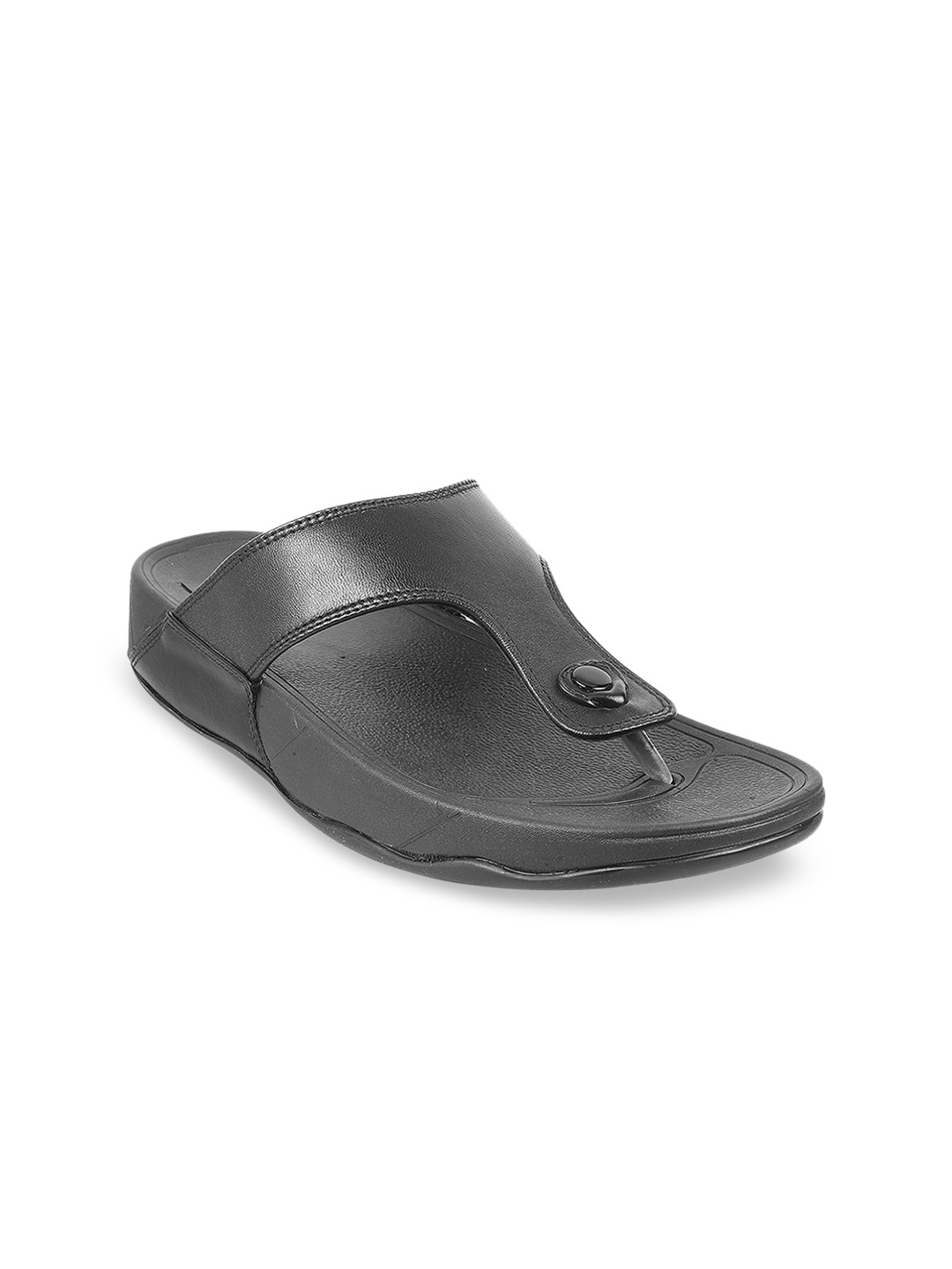 

Mochi Men Black Solid Leather Comfort Sandals