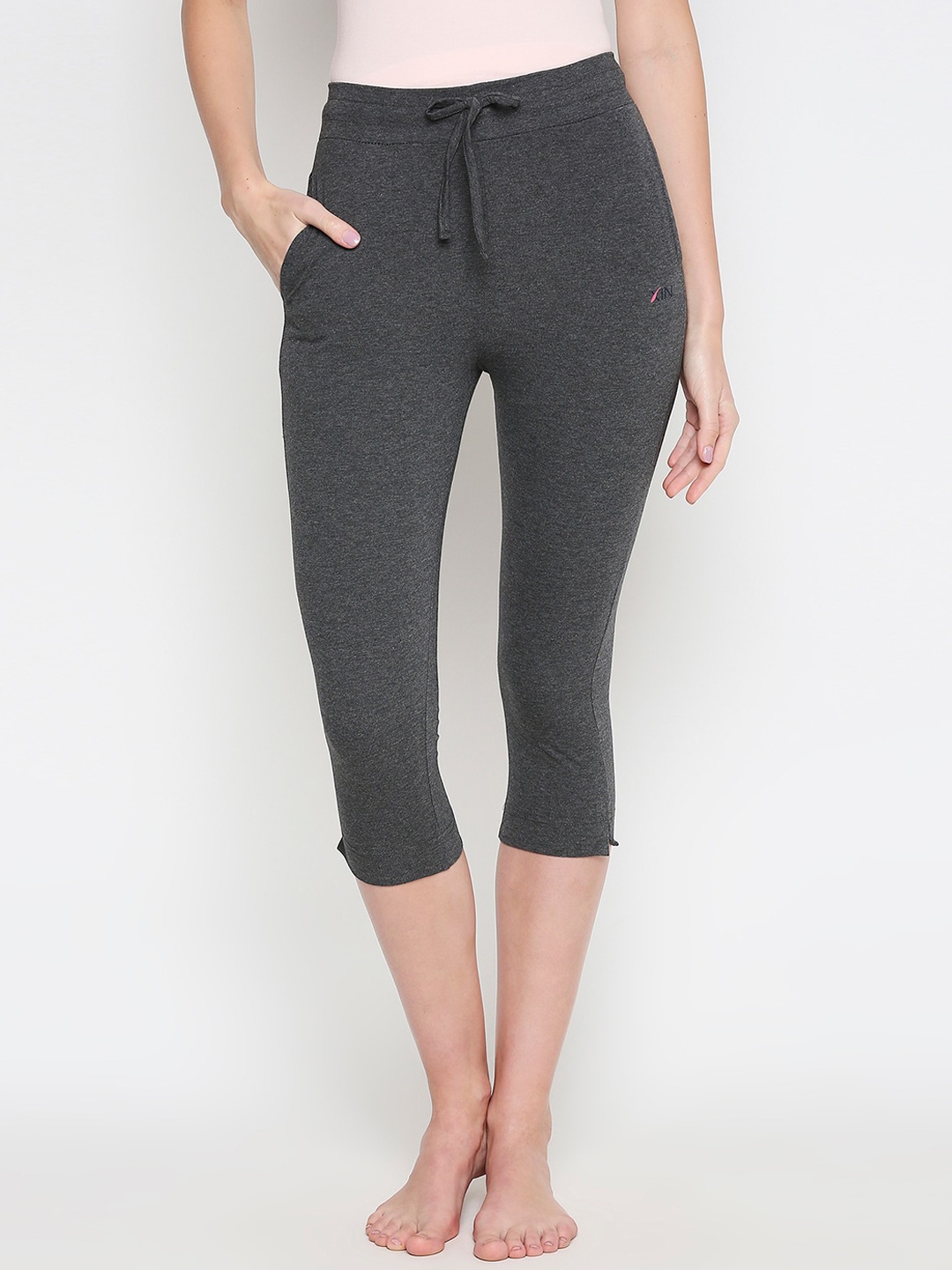 

XIN Women Charcoal Grey Solid Cotton Lounge Capris