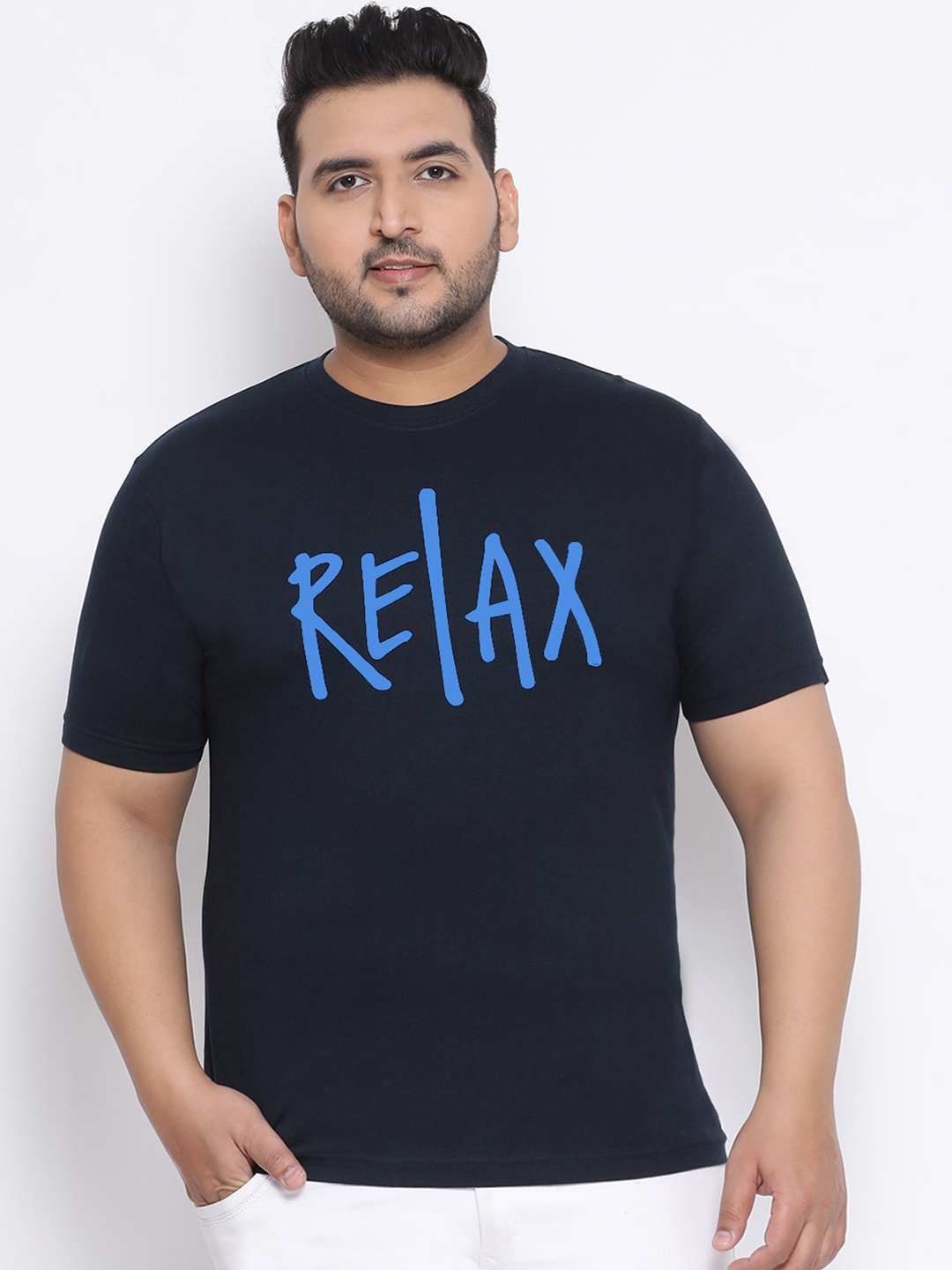 YOLOCLAN Plus Size Men Navy Blue Printed Round Neck T-shirt