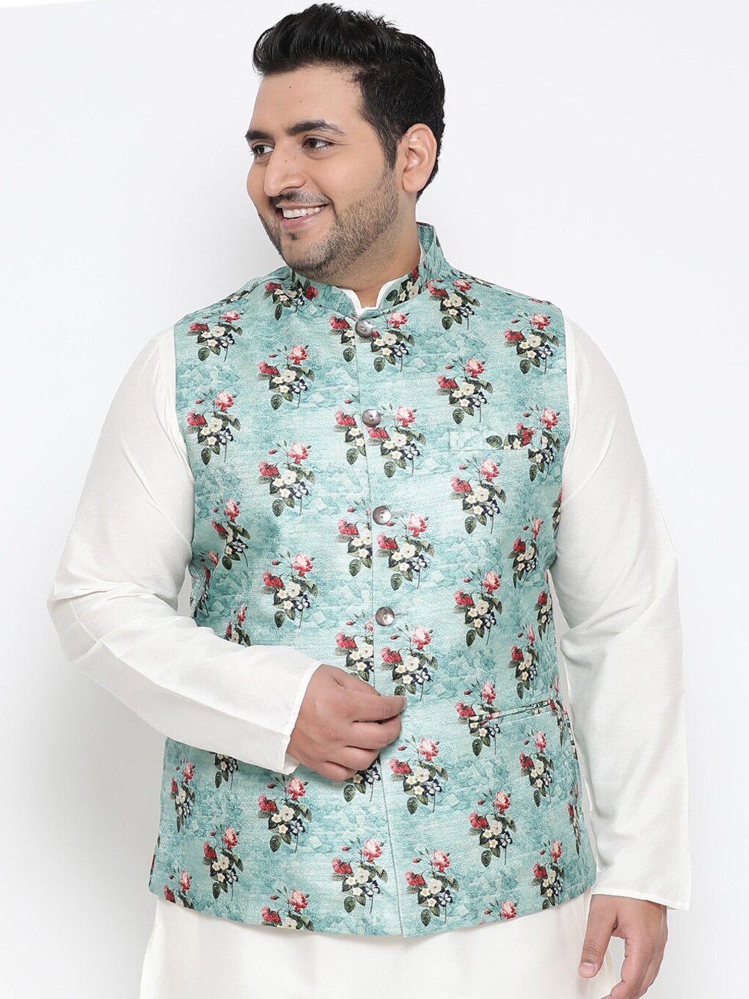 

KISAH PLUS Men Green & Pink Printed Woven Nehru Jacket