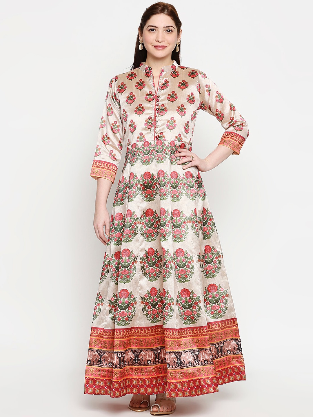 

ZRI Women Cream-Coloured & Pink Printed Anarkali Kurta