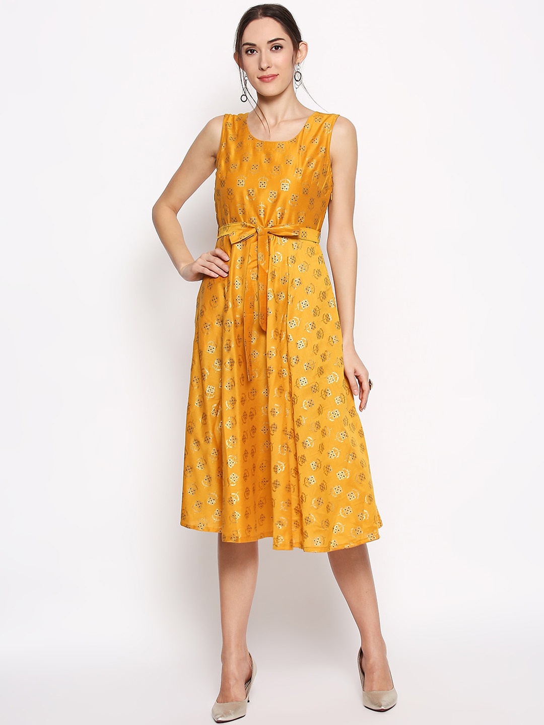 

AKKRITI BY PANTALOONS Women Mustard Printed Fit and Flare Dress
