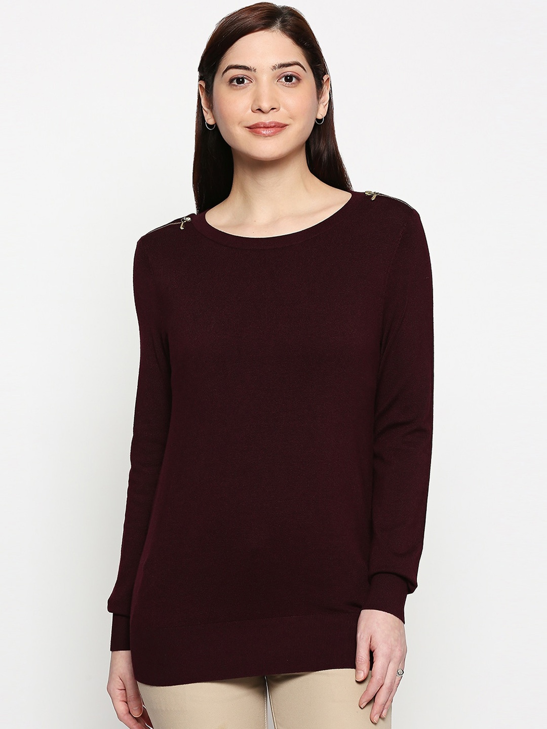 

Annabelle by Pantaloons Women Maroon Solid Pullover Sweater