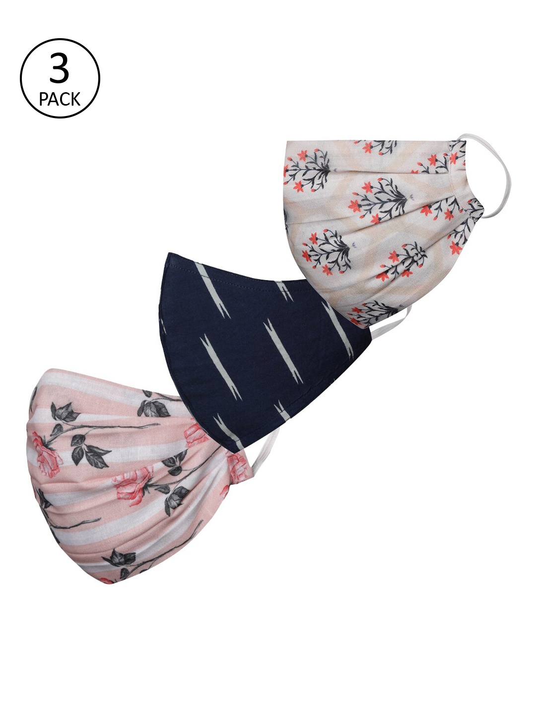 

VASTRAMAY Unisex Pack Of 3 Printed 2-Ply Reusable Cloth Half Face Masks, Navy blue