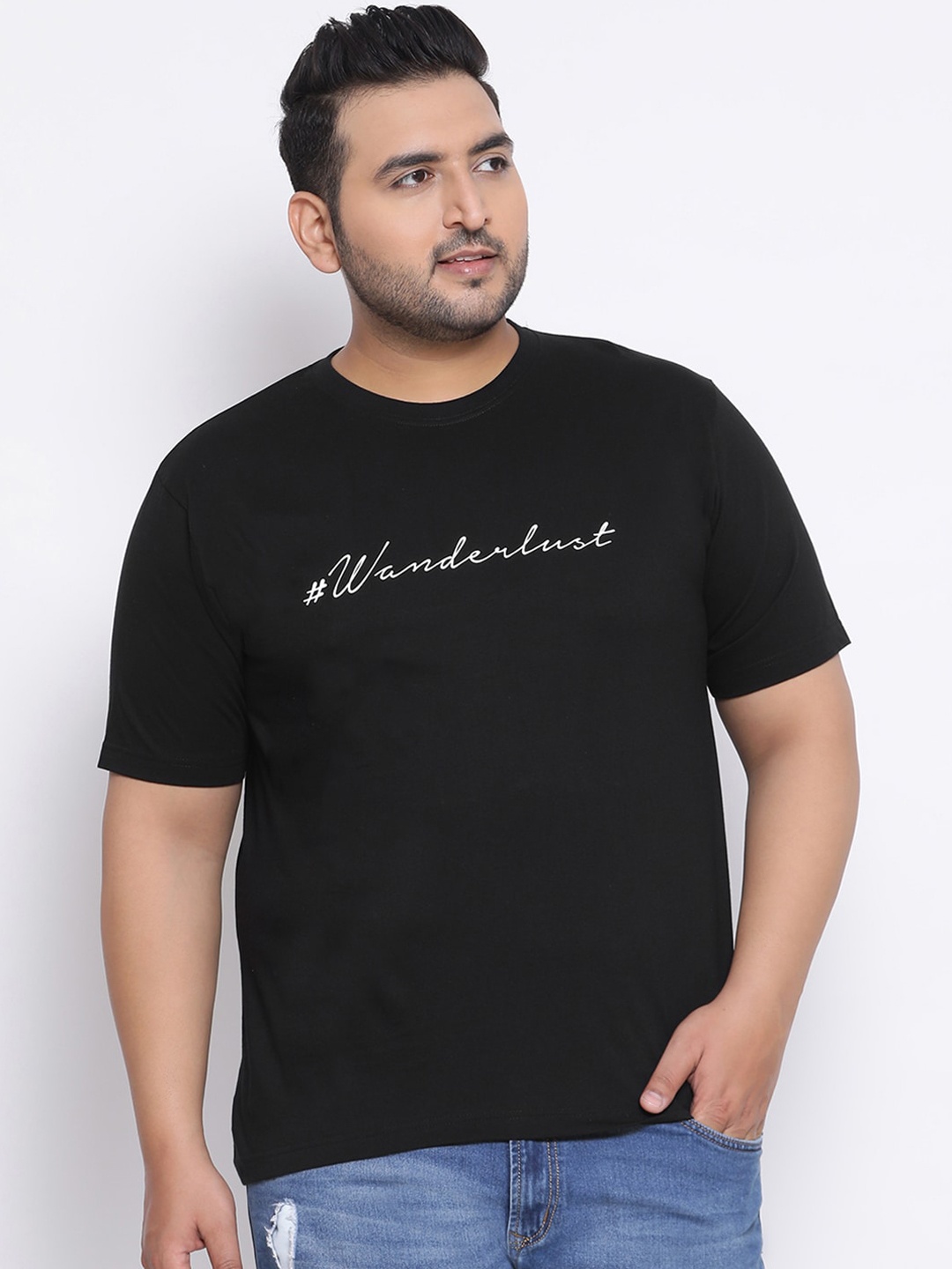 

YOLOCLAN Plus Size Men Black Printed Round Neck Cotton T-shirt