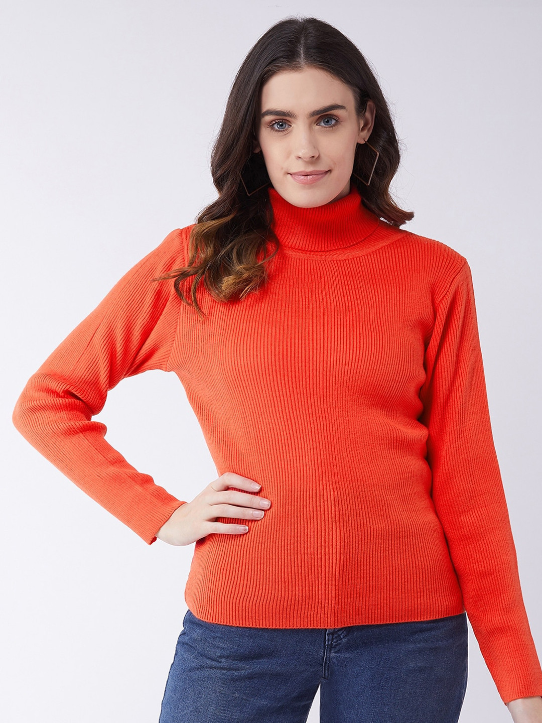 

RVK Women Orange Ribbed Pullover Sweater