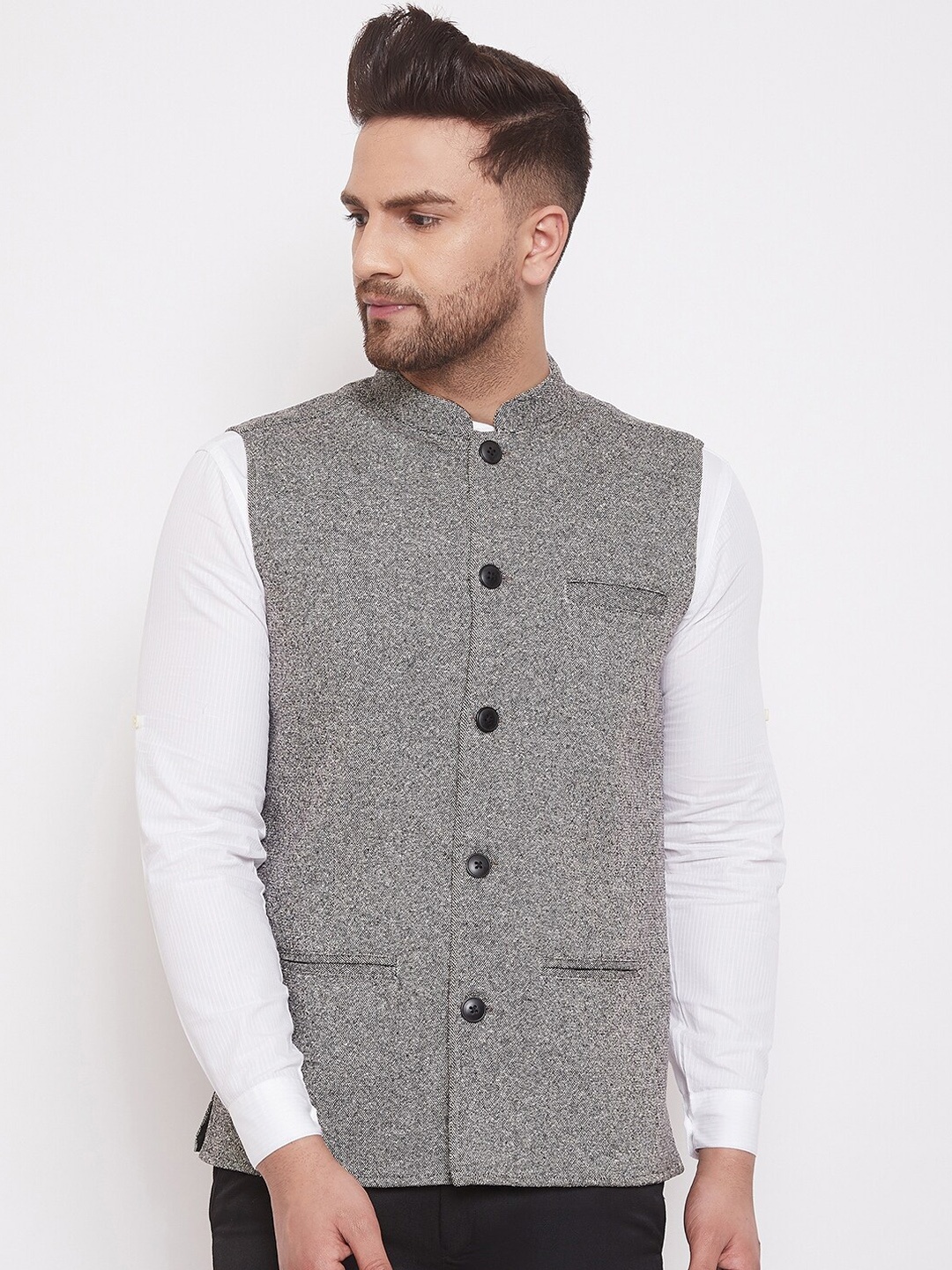 

even Men Grey Solid Pure Wool Nehru Jacket