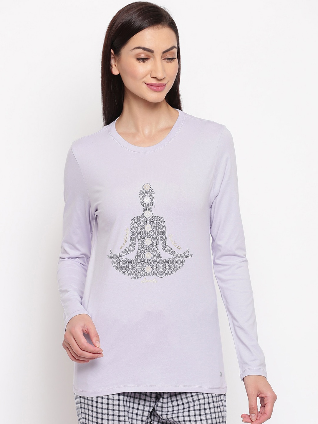 

Enamor Women Graphic Print Basic Crew Neck Stretch Cotton Tee E157, Purple