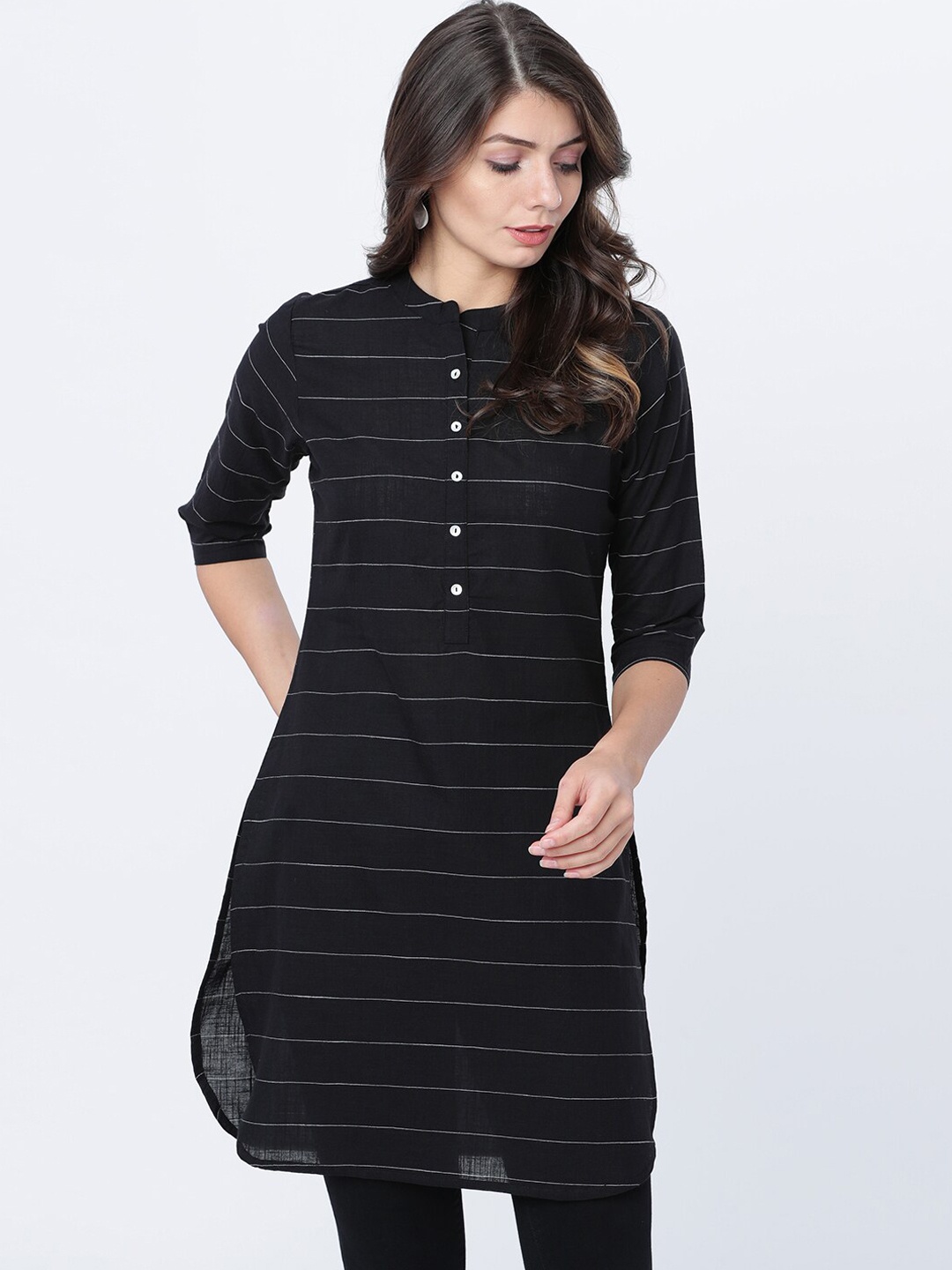 

Vishudh Women Black & Off-White Striped Tunic