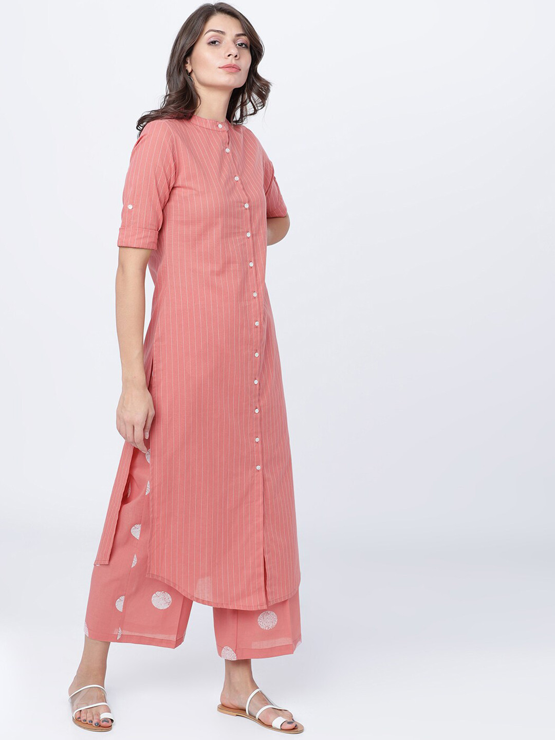 

Vishudh Women Pink Striped A-Line Kurta