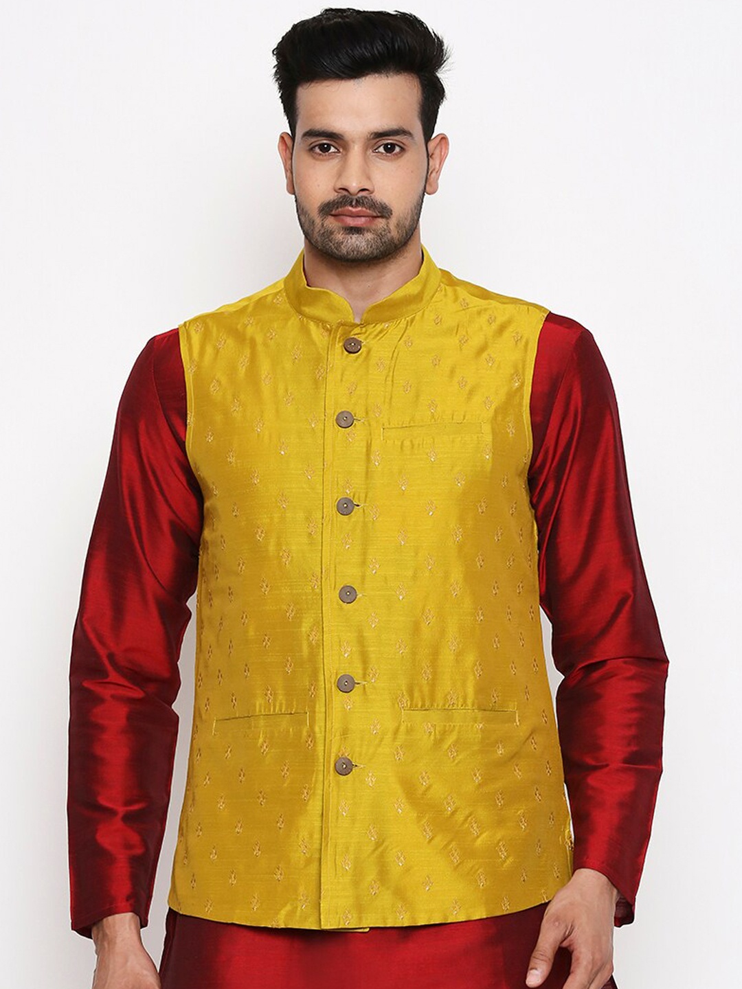 

indus route by Pantaloons Men Mustard Yellow Printed Woven Nehru Jacket