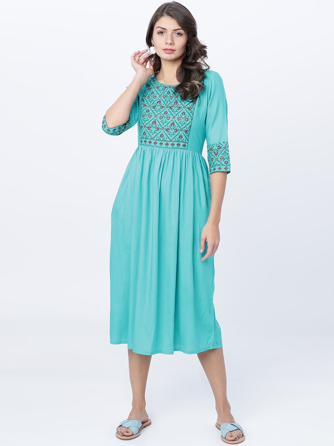 Vishudh Women Sea Green Printed Fit and Flare Dress