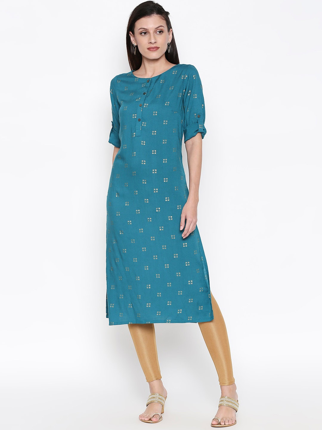 

RANGMANCH BY PANTALOONS Women Teal Woven Design Straight Kurta