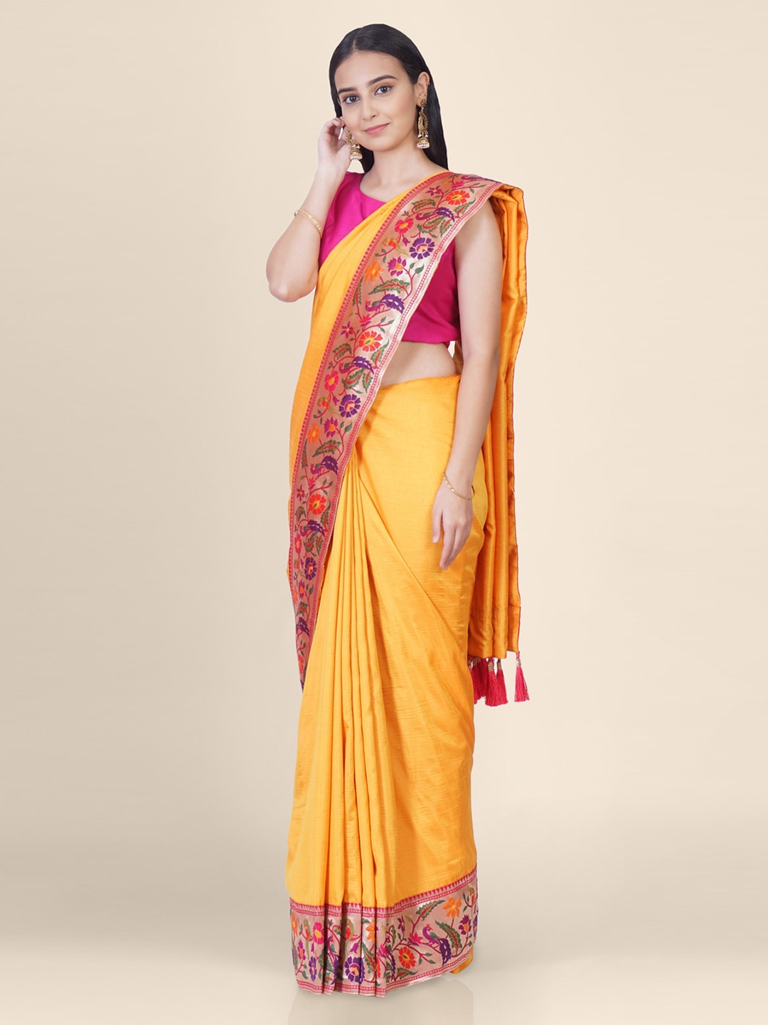 

Hastakala Yellow Poly Silk Solid Handloom Tussar Saree
