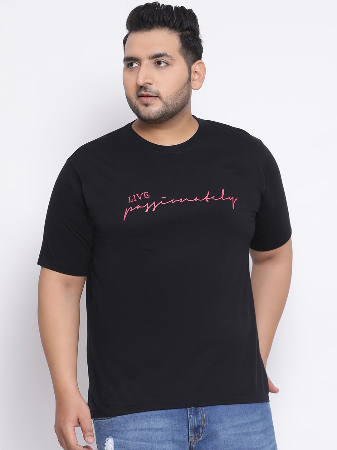 

YOLOCLAN Plus Size Men Black Printed Round Neck Cotton T-shirt