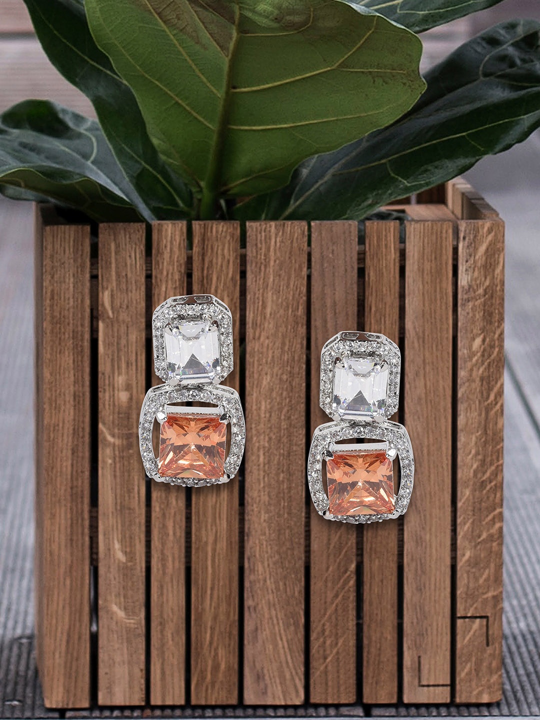 

MIDASKART Silver-Toned & Orange Geometric Drop Earrings