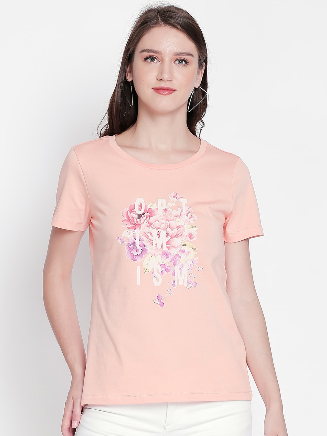 

Honey by Pantaloons Women Pink Printed Round Neck Pure Cotton T-shirt