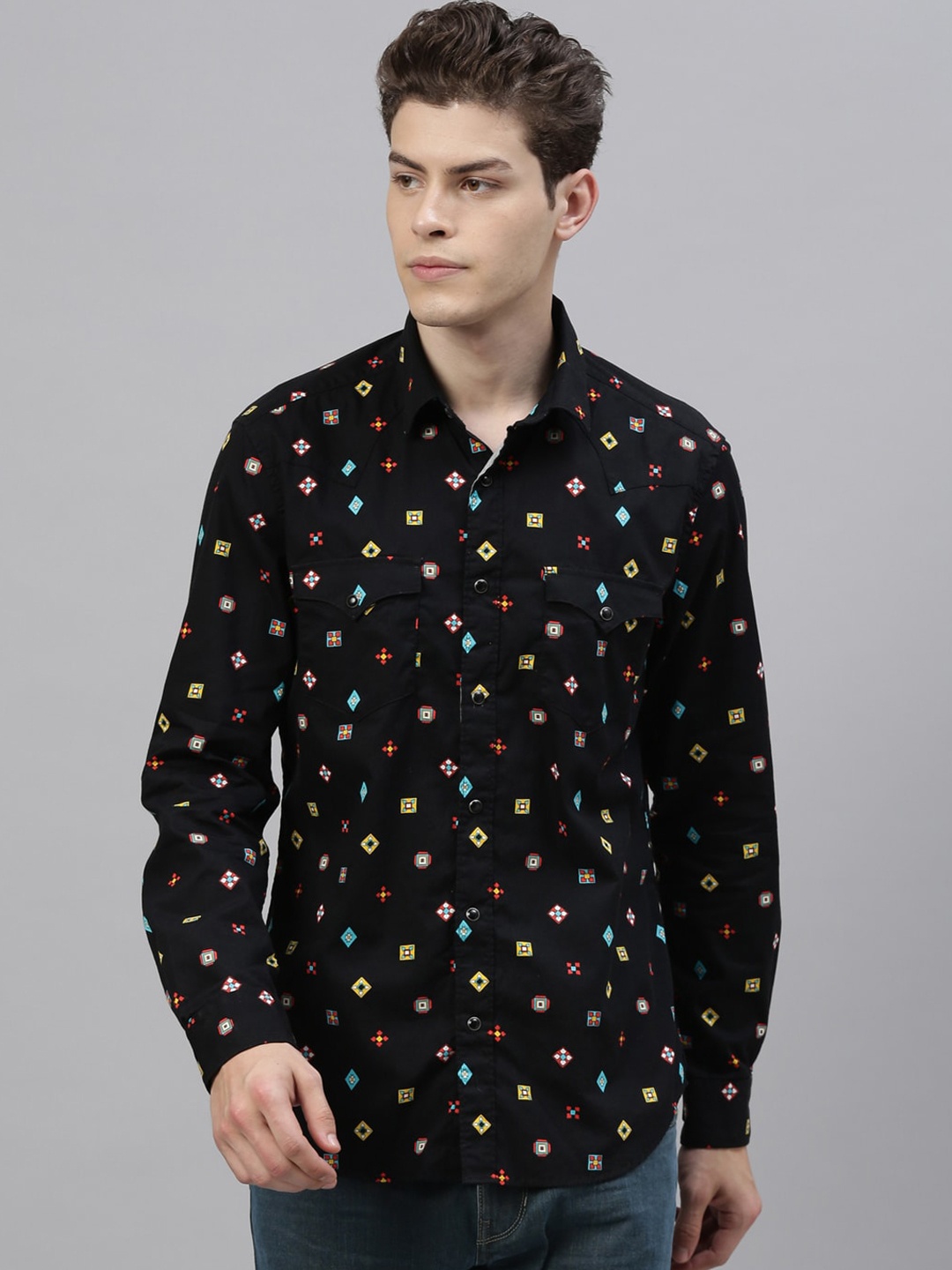 

RARE RABBIT Men Black Tailored Fit Printed Casual Shirt