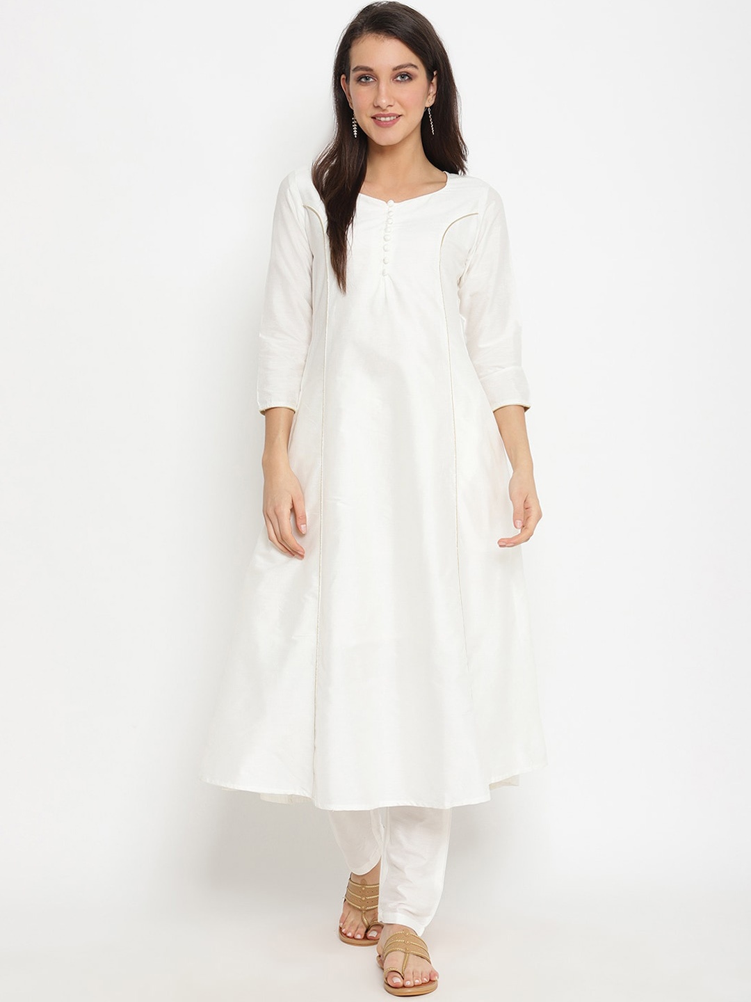

Abhishti Cotton Silk Kalidar Princess Cut A-Line Kurta with Trousers, White