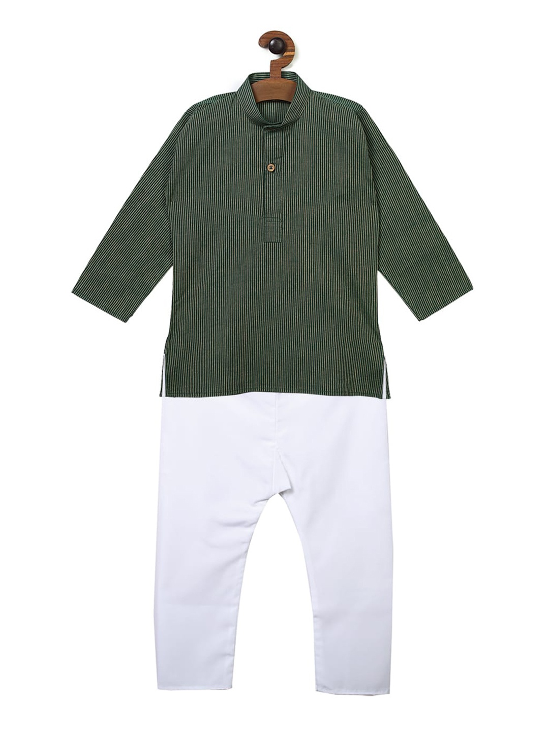 Ridokidz Boys Green & White Striped Kurti with Pyjamas
