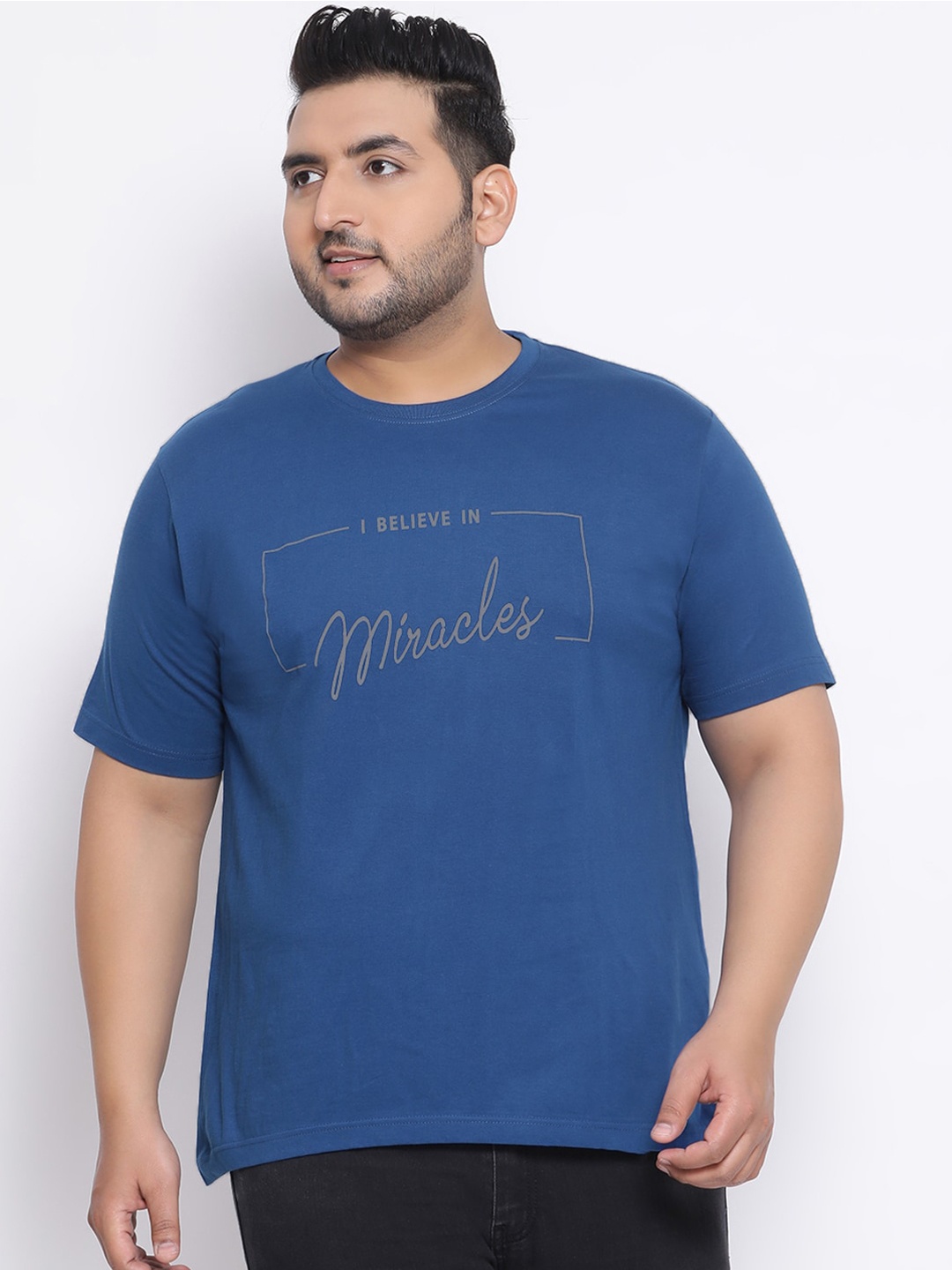 

YOLOCLAN Plus Size Men Blue Printed Round Neck Cotton T-shirt