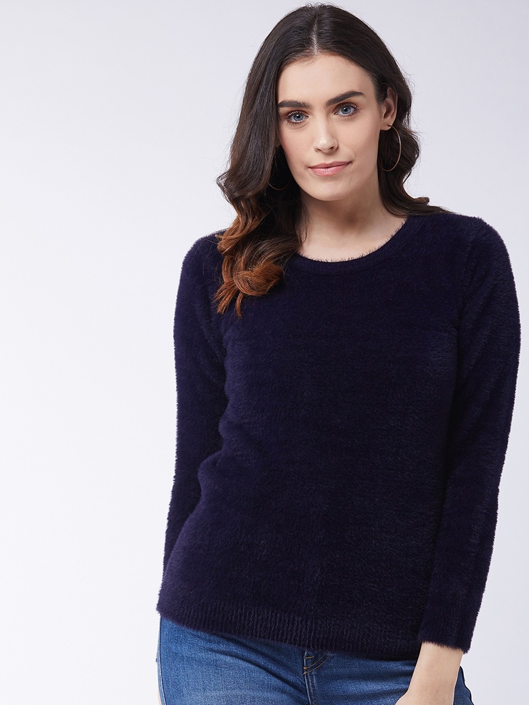 

RVK Women Navy Blue Solid Pullover Sweater