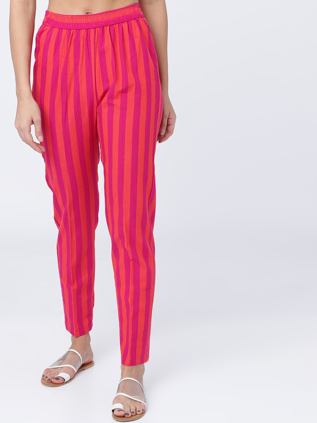 

Vishudh Women Pink & Orange Regular Fit Striped Regular Trousers