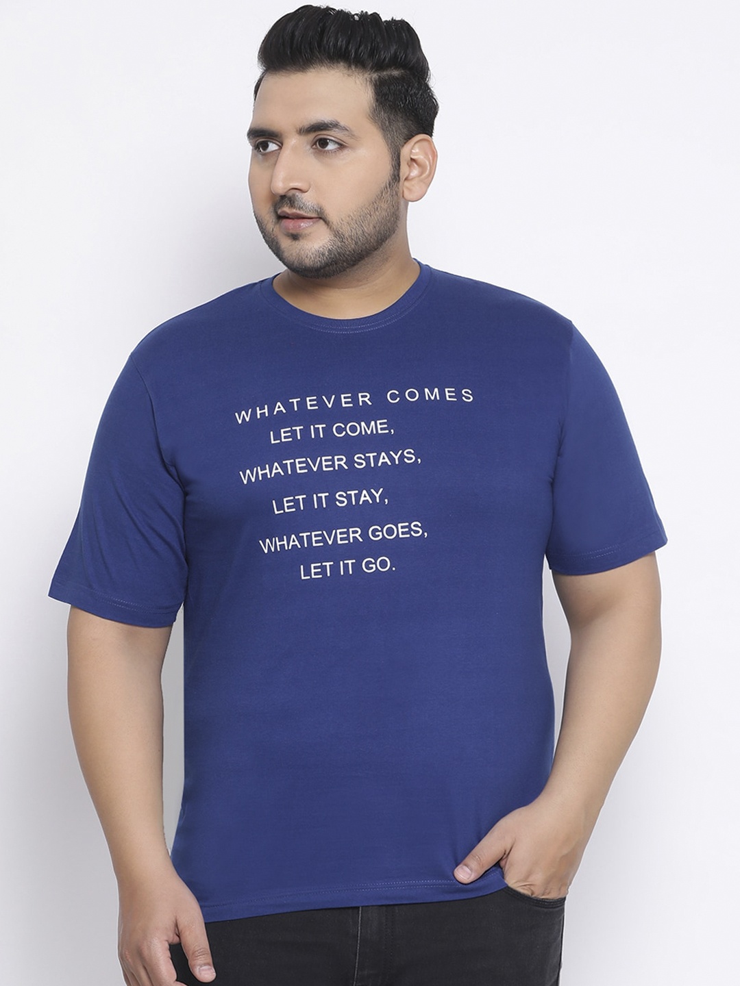 

YOLOCLAN Plus Size Men Blue & White Printed Round Neck T-shirt