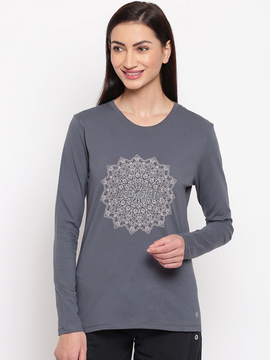 

Enamor Women Graphic Printed Slim Fit Stretchable Cotton T-shirt, Grey