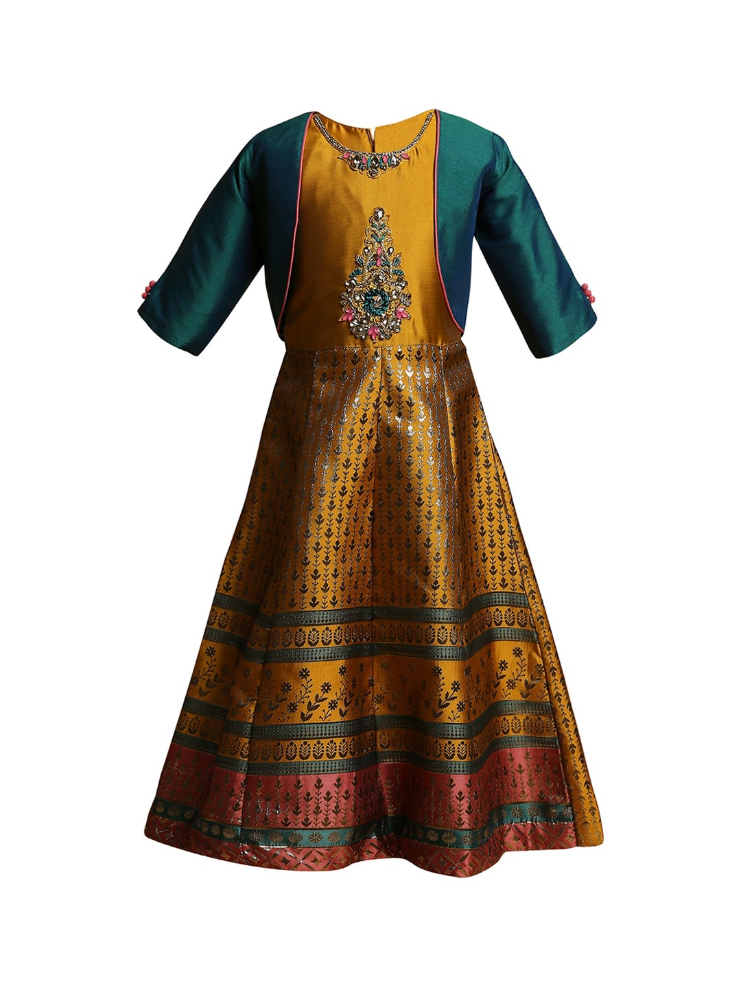 

BETTY Girls Mustard Yellow Embroidered Maxi Dress wit Top