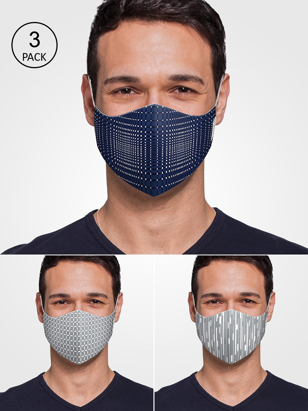 

DDecor men Anti Viral Pack of 3 Multicoloured Printed 3-Ply Reusable Cloth Masks, Blue