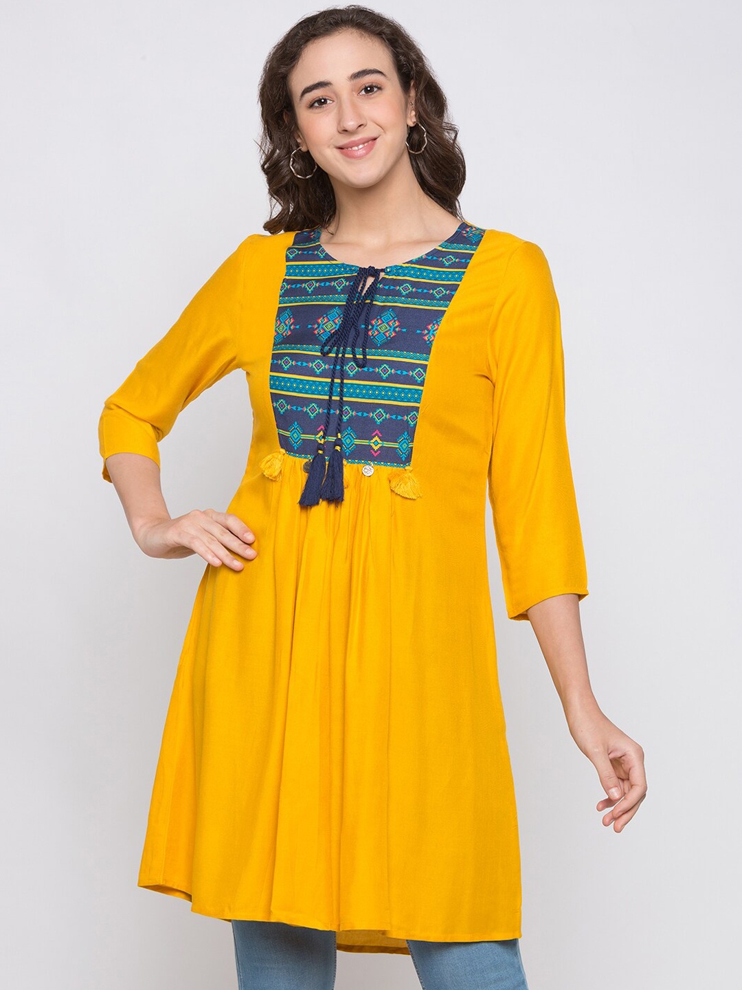

Globus Women Mustard Yellow & Navy Blue Yoke Design A-Line Kurta