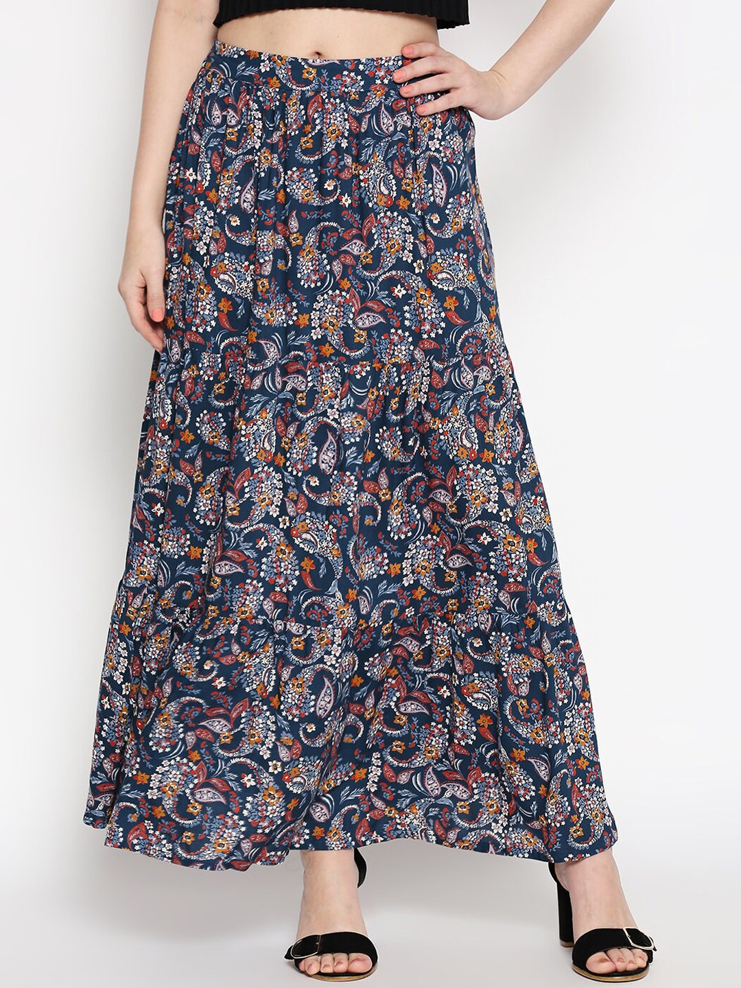 

People Women Navy Blue & White Printed A-Line Maxi Skirt