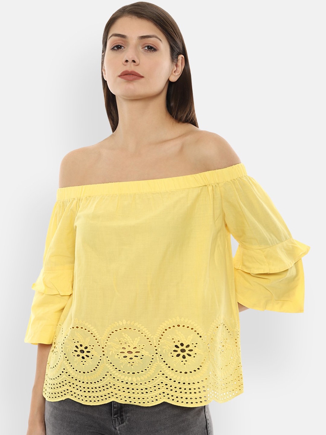 

Van Heusen Woman Women Yellow Self Design Bardot Top